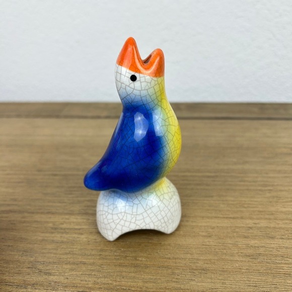 The Unbranded Brand Other - Vintage Ceramic Pie Bird Vent Blue Yellow Orange Glaze Crazed Baking Steam Vent